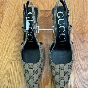 Gucci Beige/Brown Monogram Slingback Pumps